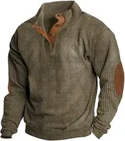 [POCHY] Mens Long Sleeve Corduroy Shirts - Classic Jacket Shirts for Men with Elbow Patch - Long Sleeves Shirt Jacket, Stand Collar Men Clothing for Daily Leisure, Outdoor Sports, Gym Army Green