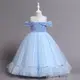 【極速出貨】女童洋氣晚禮服生日兒童公主裙一字領蓬蓬紗花童主持人鋼琴表演服網紗洋裝