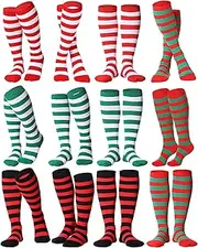 [Glitopper] 12 Pairs Christmas Knee High Socks Red Green White Stripe Socks Elf Stockings Long Xmas Cosplay Socks for Adults