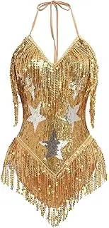 [AGYMNX] Women Music Festival Rave Fringe Trim Sleeveless Sequins Tassel Bodysuit Country Concert Nightclub Halloween Costume