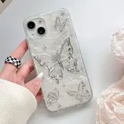 Butterfly Printed Shell Patterned Phone Case - iPhone 15 Pro Max / 15 Pro / 15 Plus / 15 / 14 Pro Max / 14 Pro / 14 Plus / 14 / 13 Pro Max / 13 Pro / 13 / 13 mini / 12 Pro Max / 12 Pro / 12 / 12 mini / 11 Pro Max / 11 Pro / 11 Silver Butterfly - White - IPHONE 15 PLUS