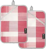 Kitchen Pot Holders Heat Resistant Plaid Check Red Beige Potholders with Pockets Kitchen Hot Pad Oven Mitts 2 Pack