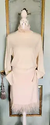 NWT Ann Taylor Peach Feather Trim Pencil Skirt Size M With Matching Earrings