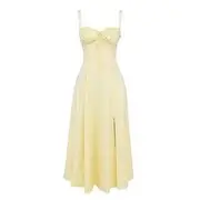 Sleeveless Square Neck Plain Midi A-Line Dress Yellow - M