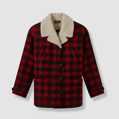 $668 A.P.C. Women's Red/Black Federica Plaid Jacket Coat Size FR 38/US 6
