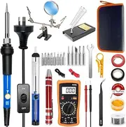 Soldering Iron Kit, 60W Adjustable Temperature, Soldering Station with Helping Hands, Digital Multimeter, 5 Soldering Iron Tips, Desoldering Pump, Wire Stripper, Solder Tube, Solder Wire, Tweezers