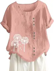 [Generic] Womens Compression T Shirt Loose Fit Casual Print Short Sleeve Plus Size Button Tuned Top Beaded Turtleneck