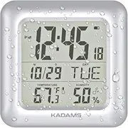 KADAMS Bathroom Digital Clock - Shower Wall Clock Water Resistant Temperature & Humidity Display Calendar with Large LCD Screen, Silver