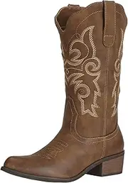 [J's.o.l.e] Western Cowgirl Cowboy Boots for Women Mid Wide Calf Pointed Toe Fashion Brown Black Boots