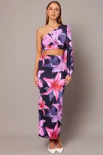 Pink Floral Maxi Skirt Tube Side Split Skirt - Size 10, Women's Midi Skirt