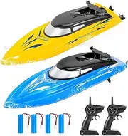 2 Pack Remote Control Boats for Pools and Lakes for Kids and Adults, 10km/H 2.4 GHz Mini RC Boat Toy with 4 Rechargeable Batteries (Blue+Yellow)