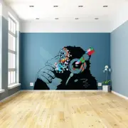 Banksy Monkey With Headphones Wall Sticker - Large Bansky Thinking Dj Chimp