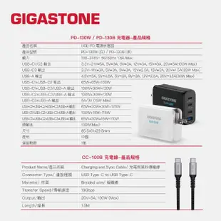 【GIGASTONE 立達】130W GaN氮化鎵四孔充電器黑+C to C 100W快充傳輸線(iPhone15/MacBook筆電/快充充電頭)