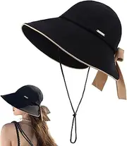 [huablo] Wide Brim Hats for Woman Foldable Hats Sun Hats for Women uv Protection Bowknot Bucket hat Adjustable hat with Ponytail Hole