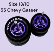 1/64 CUSTOMS RUBBER WHEELS TIRES HOT WHEELS 55 CHEVY GASSER 3 SPOKE PURPLE