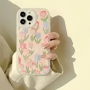 [LIUJINCAN] Happy Day Floral Phone Case for iPhone 12 - Frosted Silicone, Raised Lens Protection, Vivid Tulip Pattern on Pink, Non-Fade - Ideal for Trendy Young Girls