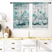 Coxila Teal Floral Kitchen Window Curtains 27.5 x 36 Inch Small Short Mini Cafe Rod Pocket Farmhouse Rustic Country Daisy Spring Living Bedroom Room Home Treatment Set of 2 Curtain Panels Drapes Tiers