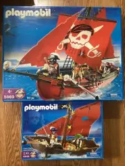 Playmobil 5869 Red Corsair Pirate Ship 2008 New In Open Box + Pirate Dinghy 4444