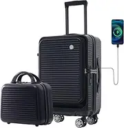 [Tibokwoop] Carry-on Luggage 20 Inch Front Open Luggage Lightweight Suitcase with Front Pocket and USB Port, 1 Portable Carrying Case, Black, Carry-on