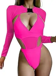 [Generic] 2 Piece Women Neon Bodysuit Crop Top Long Swimsuits Mesh Shrug with Buckle for Festival Club Party