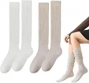 [SEFIRST] 2 Pairs Women's Knee Socks, Leg Warmers Socks, Slouch Socks, Casual Socks, Knitted Knee-High Boot Socks, Cotton Long Socks, Thermal Socks, Party Accessories, Retro Punk, White Khaki, White,