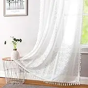 Ronaldecor White Boho Linen Textured Tassel Sheer Lace Curtains, Chic Crochet Geometry Knitting Rod Pocket Window Drapes for Living Room Bedroom, 2 Panels,84" L x 40" W