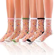 [Miaband] Sheer Ankle Socks See Through Dot Mesh Tulle Socks Colorful Thin Breathable of Women 6 Pairs, Black White, One Size