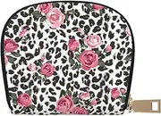 [JEJEA] Cute Pink Rose Mix Leopard Pattern Print Credit Card Holder Wallet, Small Card Holder Wallet with Zipper,Leather Card Holder, White, One Size