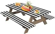 Picnic Table Tablecloth,Waterproof Stripe Design Bench Covers and Table Cloth | Elastic Fit Polyester Lightweight Table Protector Sets for Barbecue Camping
