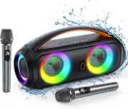Karaoke Machine with 2 Wireless Microphones Dual Subwoofer Bluetooth Speaker