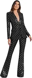 [HEYDHSDC] Sexy Two Piece Pants Set Women Shiny Sequins Single Buttons Blazer and Pants Suits