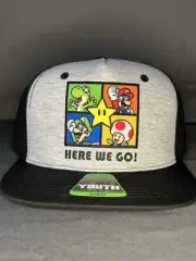 Nintendo Super Mario Here We Go Cap Youth Hat Gray Black Size OSFM SnapBack