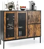 Giantex 120cm Industrial Kitchen Buffet Sideboard, Farmhouse Cupboard, Metal Mesh Doors, Anti-toppling Device, Multifunctional Storage Cabinet Coffee Station for Living Room, Dining Room, Rustic Brown