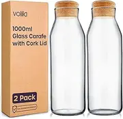 [volila] 1000ml Glass Carafe with Cork Lid - Bedside Water Carafe for Cold Drink, Milk, Juice Jars - Versatile Glass Bottles for Detergent Storage (2 Pack)