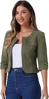 Allegra K Women's Denim Jacket Collarless 3/4 Sleeve Jean Jackets Army Green Small