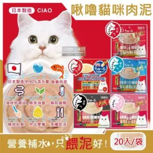 日本CIAO-啾嚕貓咪營養肉泥幫助消化寵物補水流質點心20入/袋(綠茶消臭液狀零食獨立包裝)
