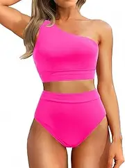 [Holipick] Women One Shoulder High Waisted Bikini Sets Two Piece Swimsuit Tummy Control Bathing Suit Full Coverage Swimwear