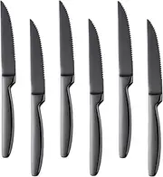 BYEGOU Stainless Steel Serrated Steak Knife Set of 6, Black Color Heacy Duty Dinner Table Knives for Cutting Meat, Beef, 8.6 Inch, Dishwasher Safe