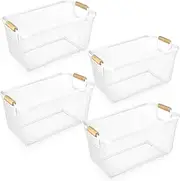 Ziliny 4 Pcs Metal Wire Basket with Wooden Handles Mesh Steel Storage Organizer Bin Containers for Home Organizing Cabinet Pantry Closet Kitchen Fridge Fruit Makeup Snacks Gifts(Large,Cream White)