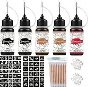 Yomagine Temporary Tattoos Kit, Semi Permanent Tattoo Ink, DIY Fake Freckles Temporary Tattoos for Women Men Kids, Summer Trend Freehand Ink with 59 Pcs Tattoo Stencils, Jagua Gel - Full Kit 5 Bottles