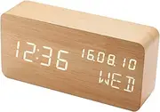Eacam Desk Wooden Alarm Clock with Voice Control Date Temperature Adjustable 3 Brightness Display LED Digital Alarm Clocks for Bedroom Bedside
