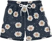 [sanluoli] Swim Trunks for Boy Boys Swimsuit Drawstring with Liner Swimwear, Black and White Daisies, Small