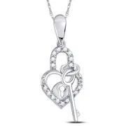 14k White Gold Round Diamond Heart Lock Key Dangle Pendant 1/10 Cttw