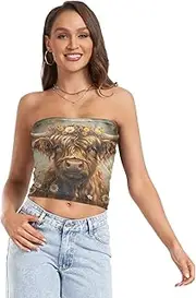 [RPLIFE] Vintage Daisy Flowers Highland Cow Cropped Tube Top, Strapless Tops for Women Summer, Mesh Tube Tops, Sexy Tube Tops (S)