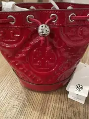Tory Burch Mini T Monogram Patent Leather Puffy Bucket Bag Crossbody Red