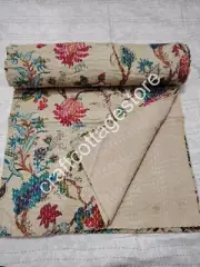 Beautifull Indian Kantha Hand Block Print Elegant Bedspread Quilt King Size
