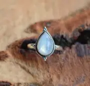 Solid 925 Sterling Silver Pear Ring Rainbow Moonstone Healing Gemstone Jewelry