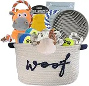 New Puppy Gift Basket for Dog Lovers | Dog Gift Basket, Essential Toys and Accessories for Dog | Doggie Birthday Gifts | Handwoven Storage Basket, Slow Feeder Bowl, Grooming Brush, Premium Dog Toys.