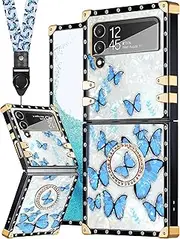 [Loheckle] for Samsung Galaxy Z Flip 4 Case for Women, Designer Cases for Samsung Z Flip 4 Case with Ring Stand Holder and Lanyard, Stylish Pearl Butterfly Luxury Cover for Galaxy Z Flip 4