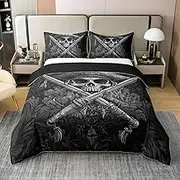 Castle Fairy Gothic Skull Full Size Kids Duvet Cover Pirate Theme Skeleton Pattern 100% Pure Cotton Reversible Comforter Cover Gray Leaves Plant Black Sketch Polyester Bedding Set with 2 Pillowcases